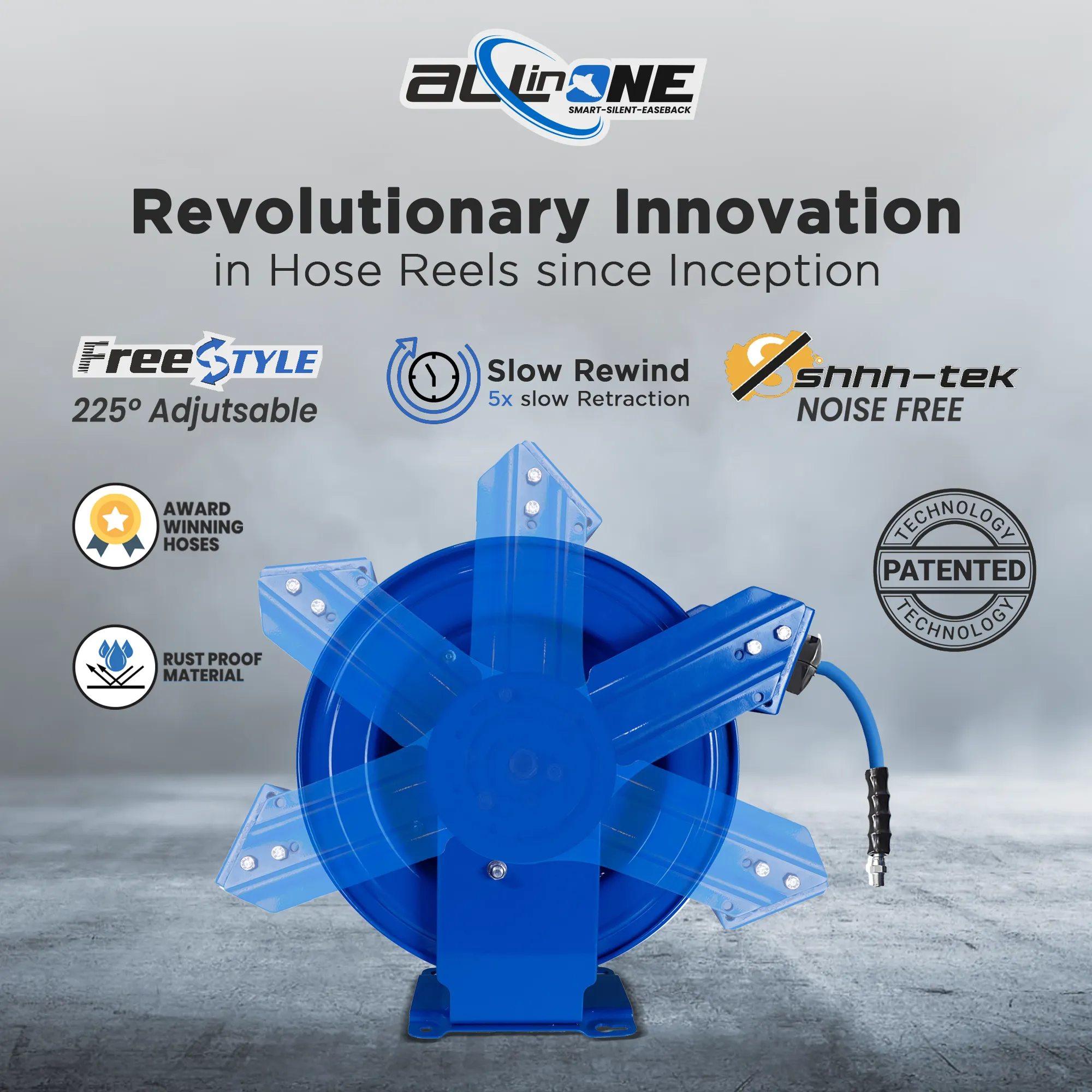 BluBird 3/8" x 50' Rubber Air Hose Reel with 3' Lead-in-Hose, 180° Swivel Mount, 5-In-1 Coupler (All in One Design, Patented Technology)