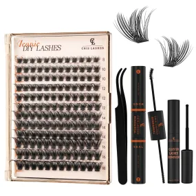 CrisLashes Individual Lashes Kit, DIY Eyelash Extension Kit 144Pcs D Curl Lash Clusters with Lash Bond And Seal, Lash Remover 5ML and Lash Tweezers For Beginners(Mix8-18mm, Iconic 4PCS Lash Kit 10)
