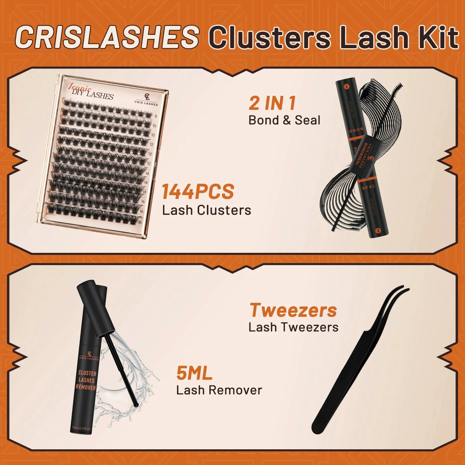 CrisLashes Individual Lashes Kit, DIY Eyelash Extension Kit 144Pcs D Curl Lash Clusters with Lash Bond And Seal, Lash Remover 5ML and Lash Tweezers For Beginners(Mix8-18mm, Iconic 4PCS Lash Kit 10)