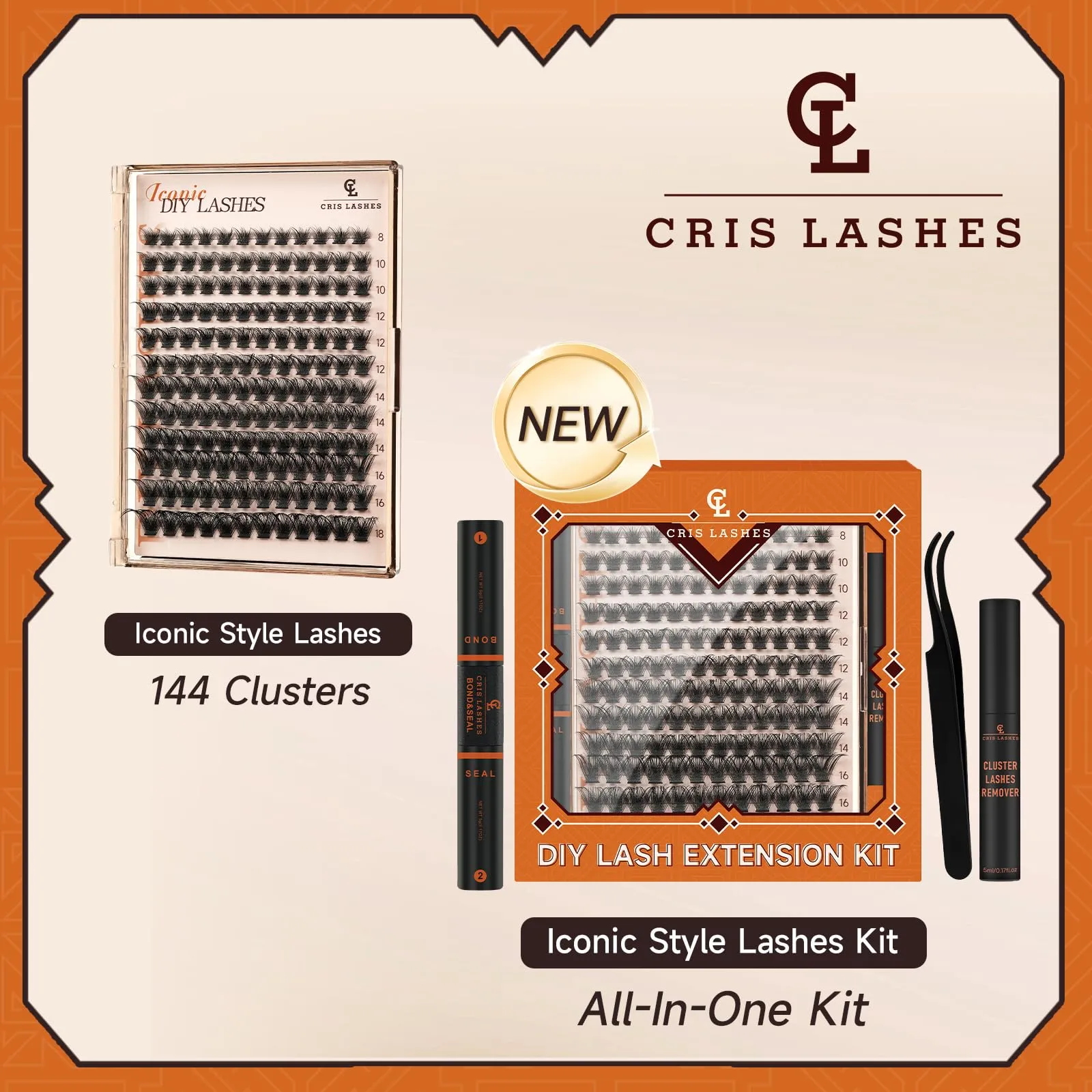 CrisLashes Individual Lashes Kit, DIY Eyelash Extension Kit 144Pcs D Curl Lash Clusters with Lash Bond And Seal, Lash Remover 5ML and Lash Tweezers For Beginners(Mix8-18mm, Iconic 4PCS Lash Kit 10)
