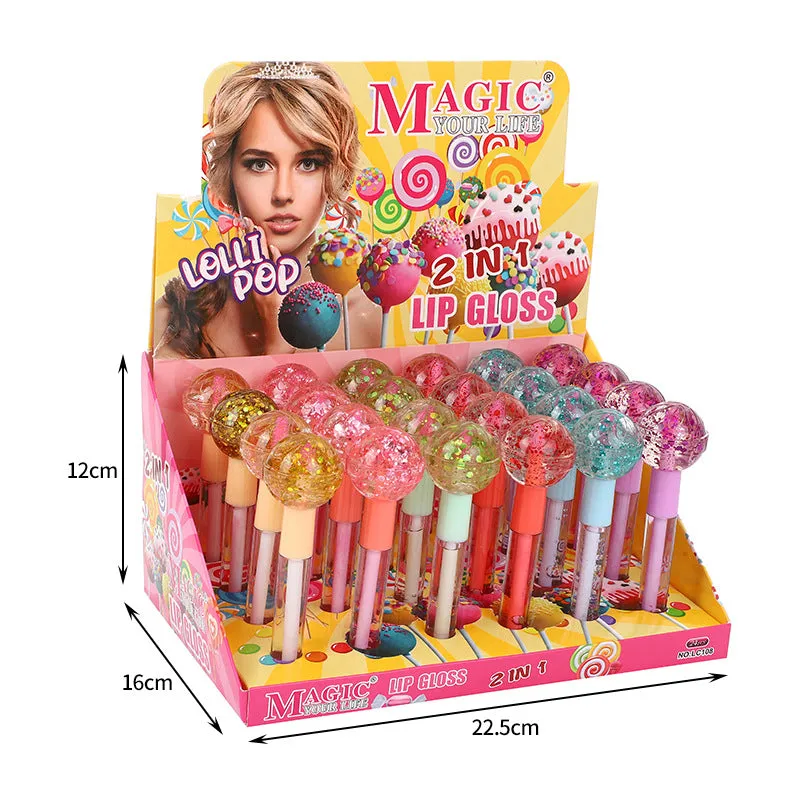 Wholesale 24pcs Lollipop Lip Gloss Dual Use 2 in 1 Color Changing Glitter Lip Glaze