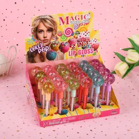 Wholesale 24pcs Lollipop Lip Gloss Dual Use 2 in 1 Color Changing Glitter Lip Glaze